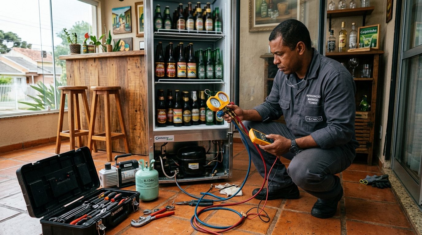 Técnico revisando o motor de uma cervejeira durante chamado em Marília‑SP