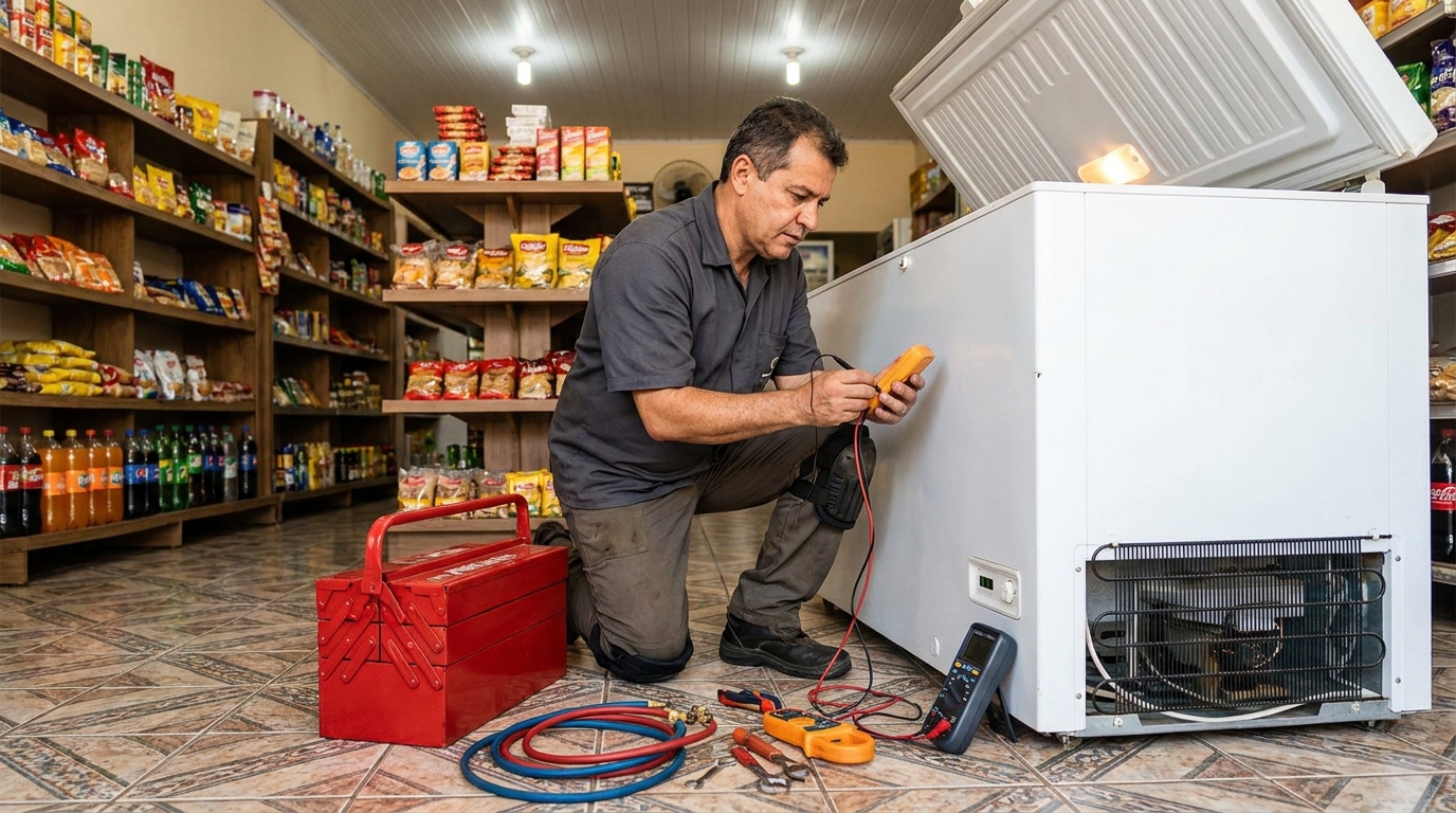 Manômetro conectado ao circuito durante recarga de gás de freezer em Marília‑SP