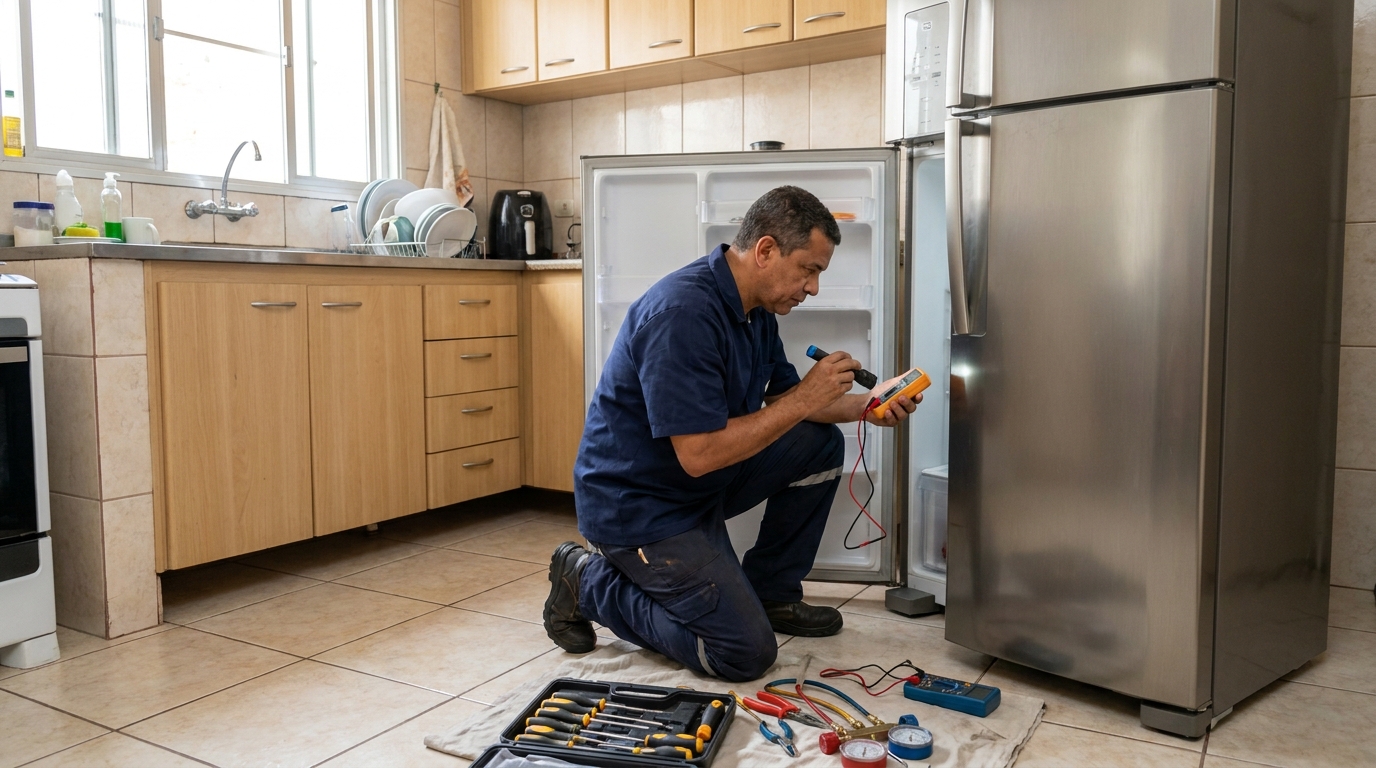 Técnico fazendo recarga de gás em geladeira de cliente em Altaneira, Marília‑SP