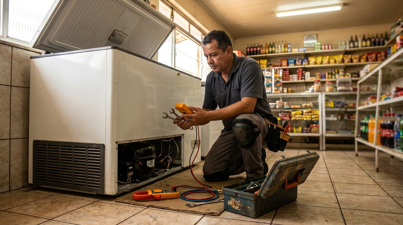 Técnico avaliando um freezer vertical durante atendimento em Marília‑SP