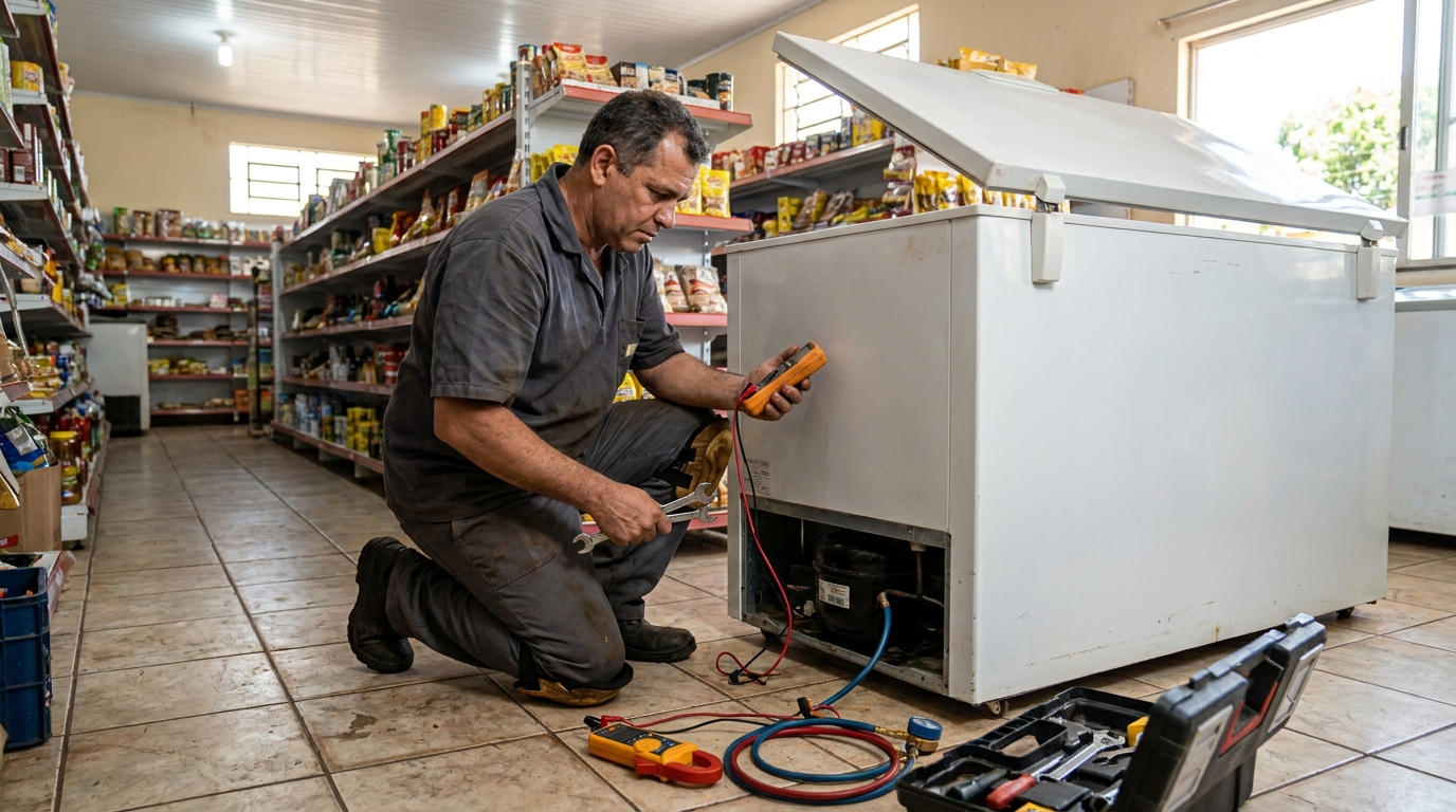 Troca de termostato de freezer em atendimento em Marília‑SP